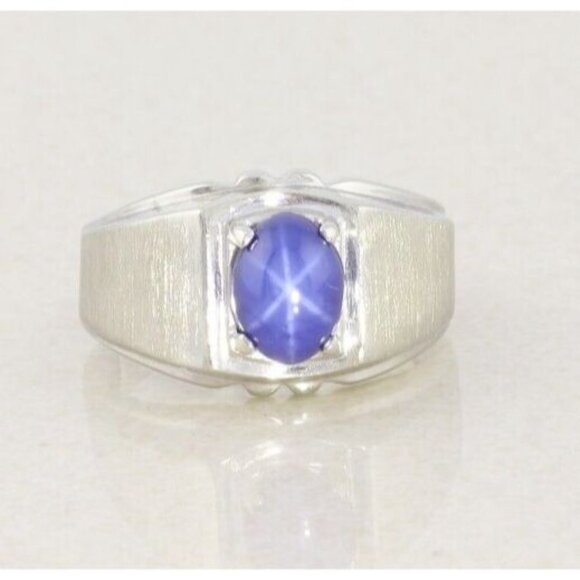 Unbranded Other - Mens 10k White Gold Lab Created Star Sapphire Ring Size 7 Pinky Ring
